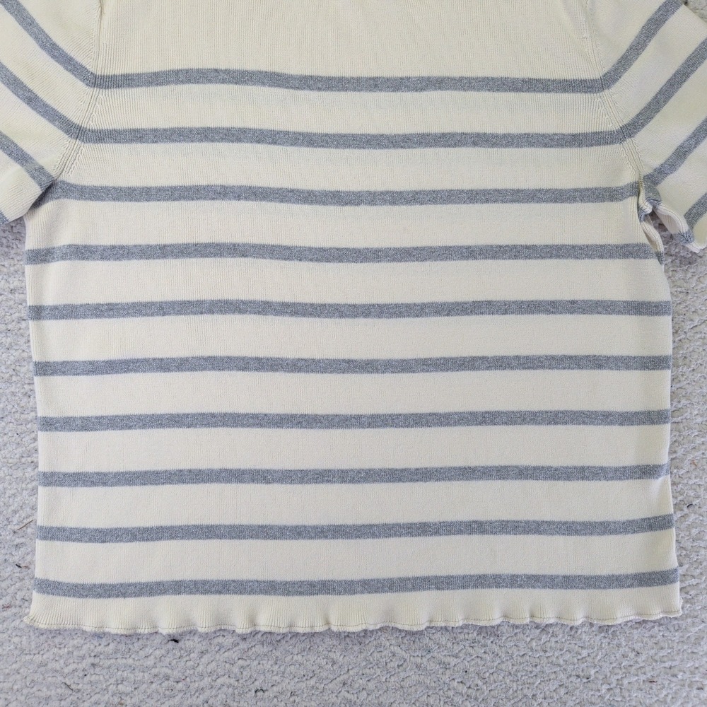 Talbots Womens Medium Striped Mock Neck Short Sleeve Sweater Silver Button Cream - Picture 7 of 9